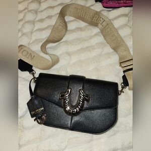 True Religion Black Crossbody Bag with Tan Strap